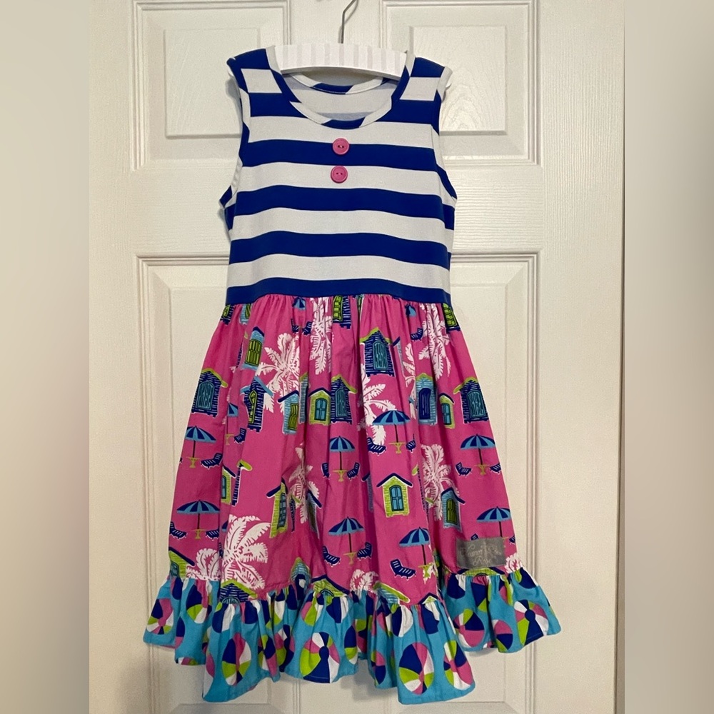 Eleanor Rose blue striped Cabana Dress with pink patterned skirt - Size 6-7